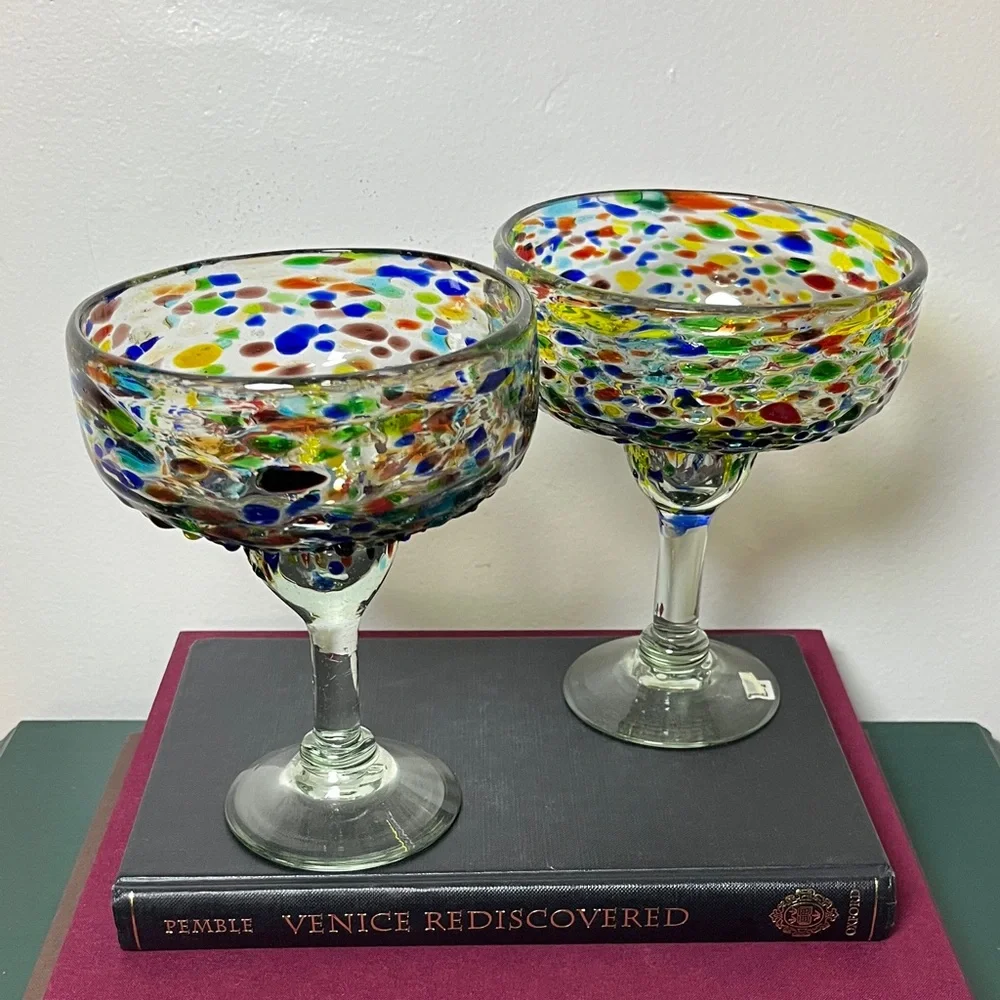 Pair Handblown Confetti Rock Multicolor Recycled Glass Margarita‎ Glasses Mexico